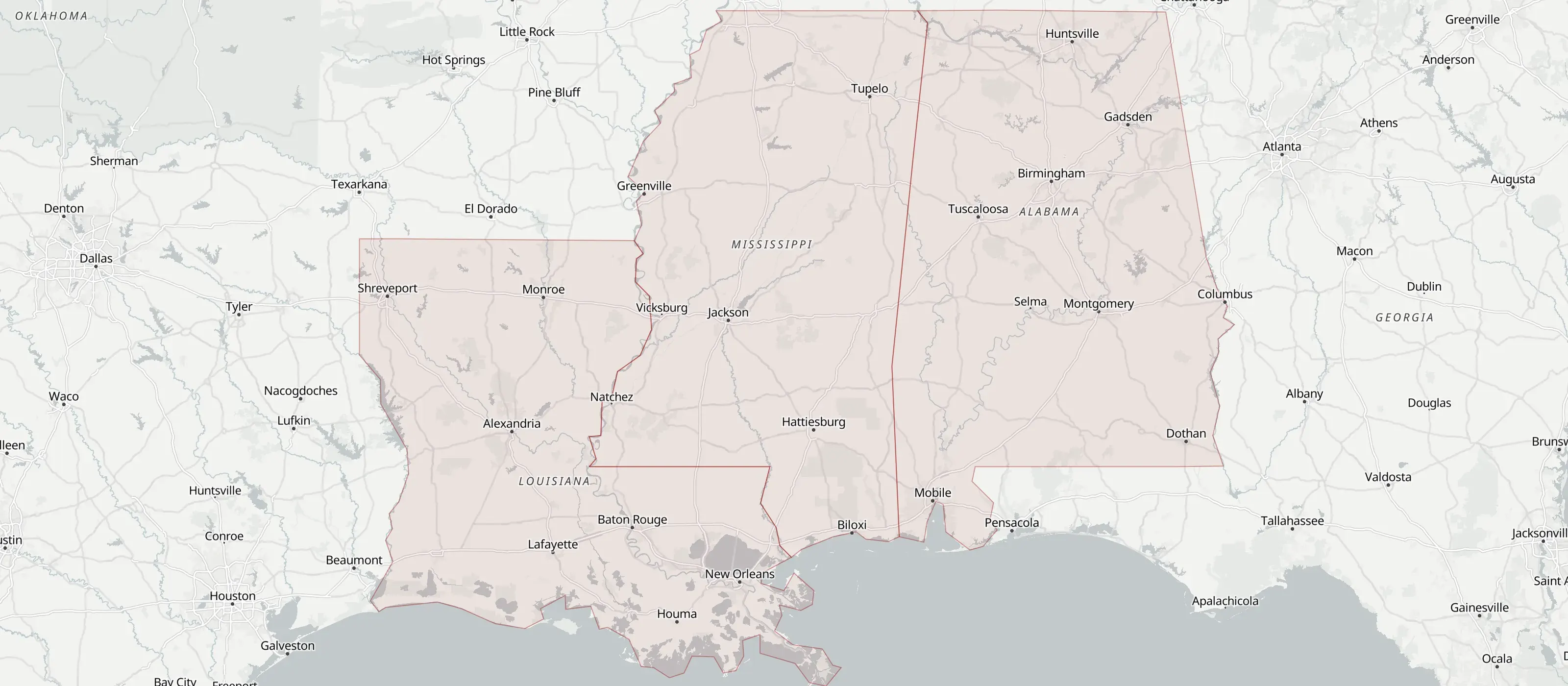 Map of the Gulf South with Louisiana, Mississippi and Alabama shaded and New Orleans marked