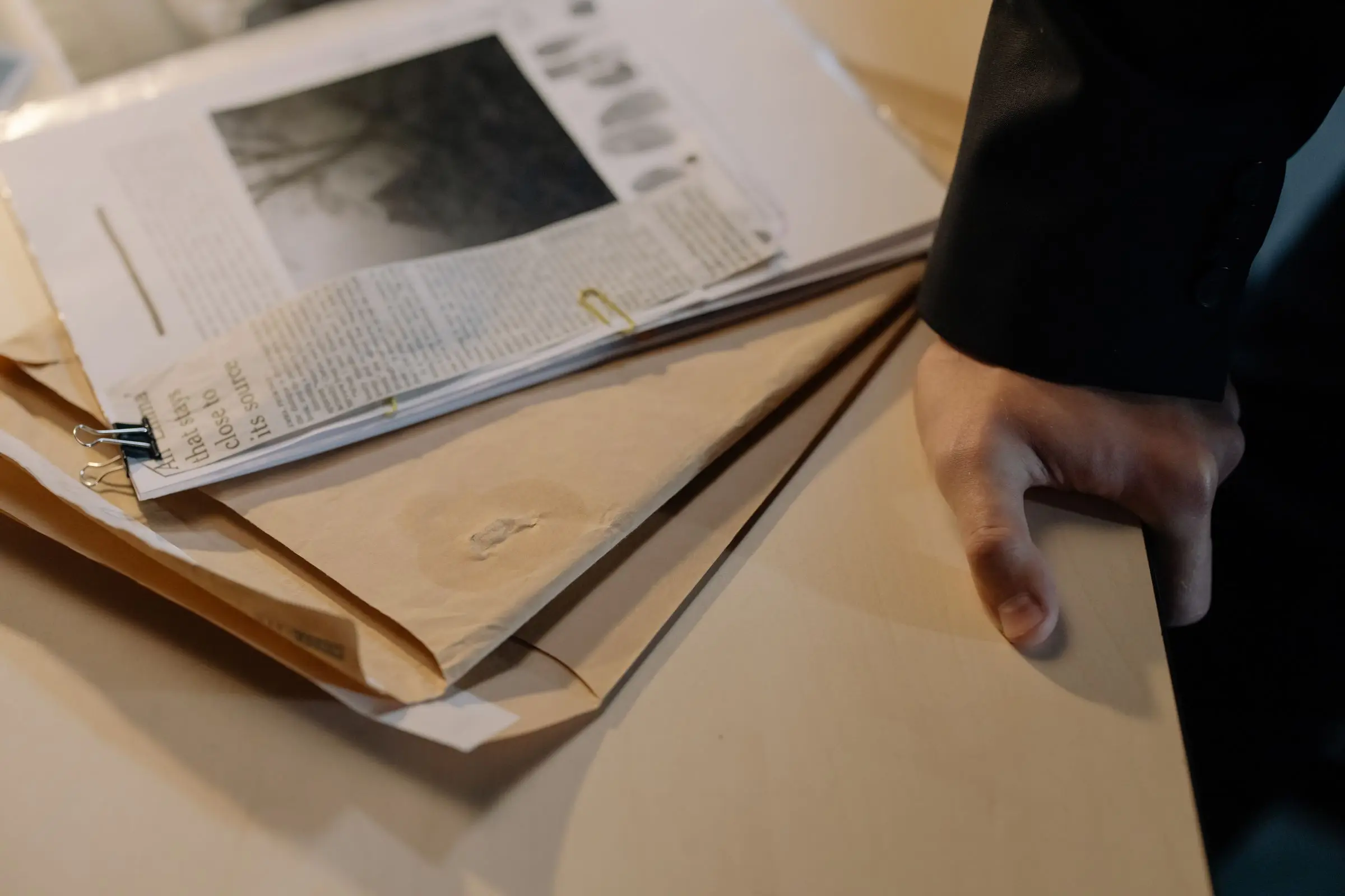Investigator’s hand resting on a stack of case files and photographs
