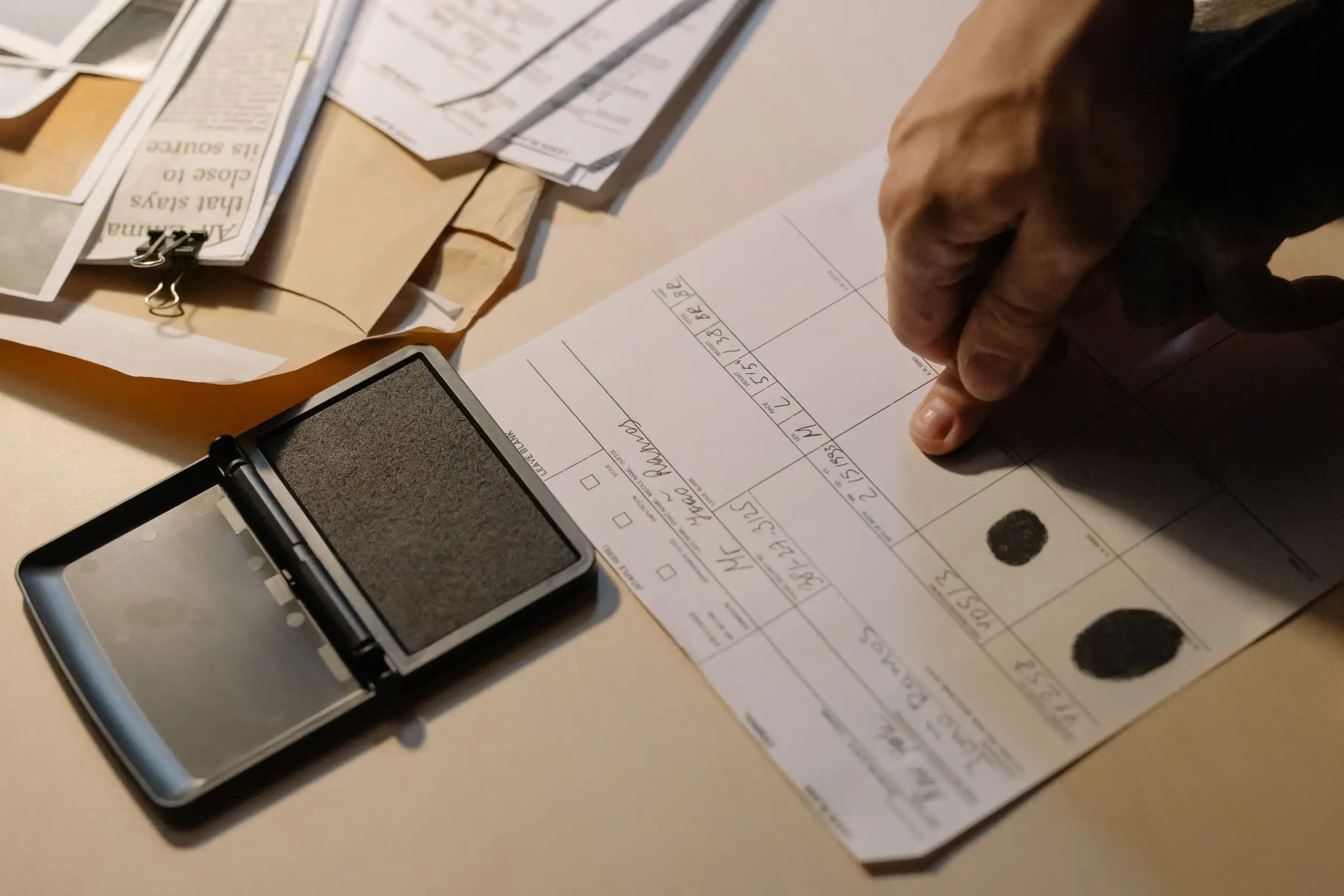 Investigator pressing a fingertip onto a fingerprint card beside an ink pad